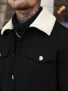 Manfinity Homme 男士休閒通勤拼接泰迪羊羔絨翻領混紡羊毛大衣，秋冬黑色羊毛短版外套 - 黑色 - 查看 3