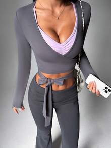 Dewbera 女士瑜伽健身户外长袖T恤，腰部系带可调节，百搭款式 - 深灰色 - 查看 1