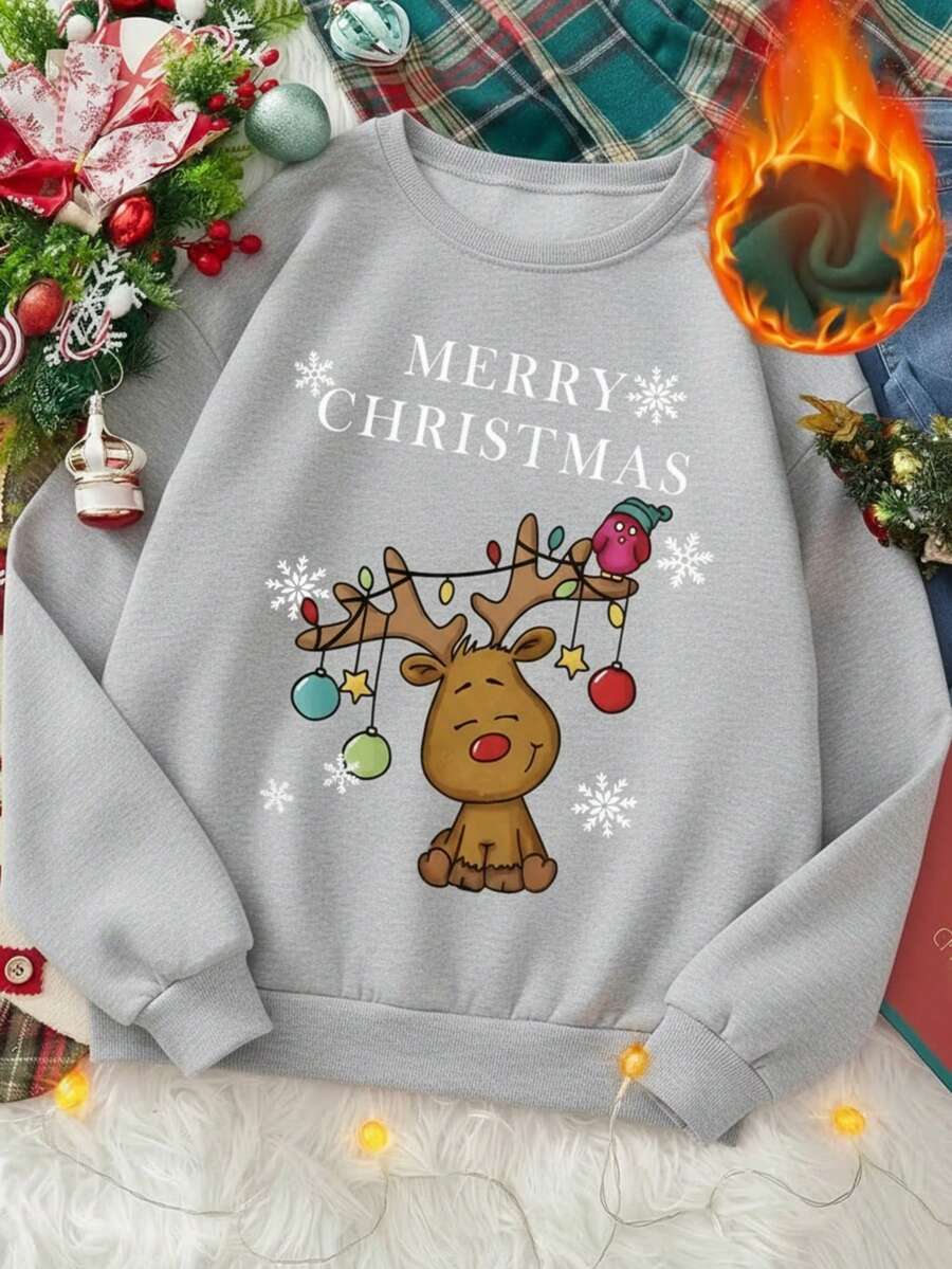 Sudadera Mujer Estilo Casual Navidad Estampado Renos Mensaje Navideño Suelta Cuello Redondo Manga Larga Invierno Fiesta Sudadera - Gris - Ver 1
