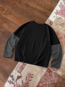 SWAVVY Men's Casual Long Sleeve T-Shirt, Black Solid With Contrast Sleeve, Spring/Autumn - Black - View 2