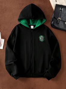 HARRY POTTER X SHEIN 女士休闲刺绣贴布拉链连帽卫衣，秋季款