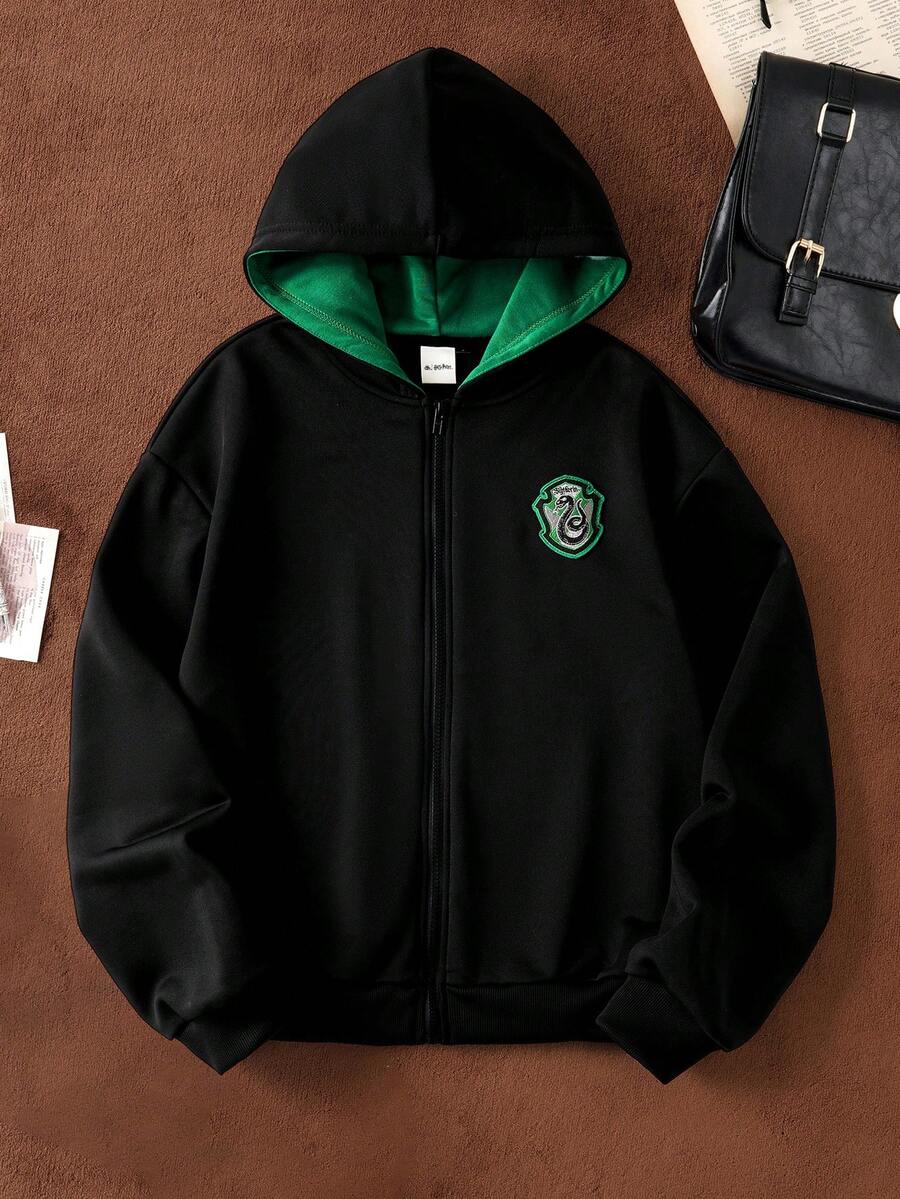 HARRY POTTER X SHEIN 女士休闲刺绣贴布拉链连帽卫衣，秋季款