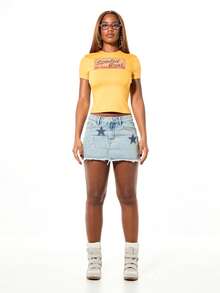 SUMWON WOMEN Distressed Denim Mini Skirt With Star Print And Frayed Raw Hem Edge Casual Streetwear - Blue - View 5