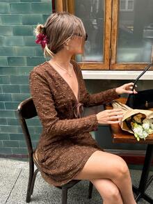 SHEIN Frenchy Women's Brown Textured Deep V-Neck Long Sleeve Short Dress Spring - Brown - View 6