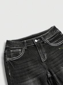 ROMWE Fairycore Quần jeans ống loe thêu họa tiết bướm gợi cảm phong cách Y2K cổ điển dành cho nữ - màu đen - Xem 3