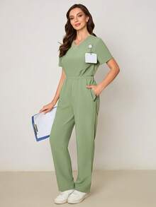 Scrubzie Surgical Gown V-Neck Top & Pants Set - Lime Green - View 1