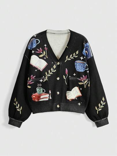 Women's Hippie Witch V-Neck Book Tree Leaf Cup Print Oversized Long Sleeve Cardigan Sweater