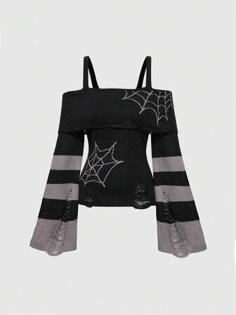Goth Chandail ajusté pour femmes avec épaules dénudées, motif de toile d'araignée punk sombre pour Noël