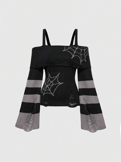 Goth Suéter ajustado para mujer con hombros descubiertos y diseño de telaraña de estilo oscuro y punk de Navidad