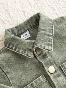 SHEIN Infant (Boys) Fashionable Edgy Street Style Washed Blue Shirt With Pants, Spring/Autumn Fall Winter - Army Green - View 4