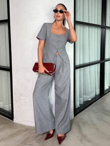 Lavishia Women's Elegant Square Neck Design Gray Pant Suit,Summer Holiday Outfits Office Wide Leg Pants Set,Casual Two Piece Set Clothes - Grey - View 1