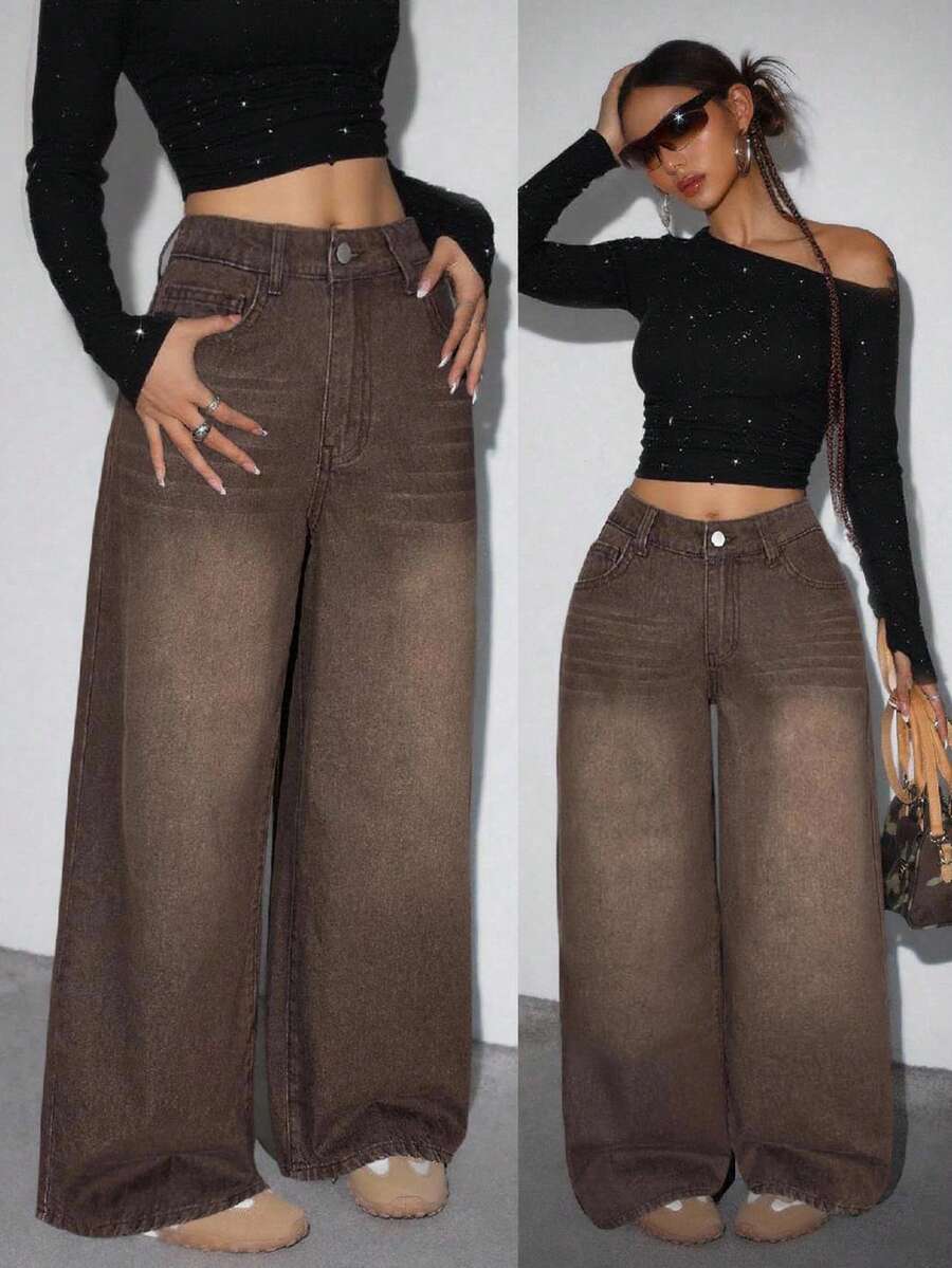 SHEIN ICON ICON Women's Loose Straight Leg Blue Denim Jeans,Wide Leg Women Pants,Baggy Women Pants,Women Jeans Pants - Brown - View 1