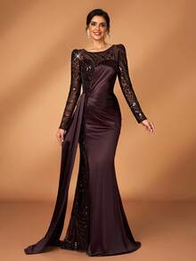 Serin Elegant Luxurious Beaded, Sequin & Embroidered Mesh Sleeve Mermaid Dress, Suitable For Weddings, Parties, Vacations, Galas, Holidays, Bride & Mother Of The Bride Evening Gowns