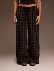 SHEIN ICON 女士棕色宽松格子简约休闲裤 - 彩色 - 查看 3