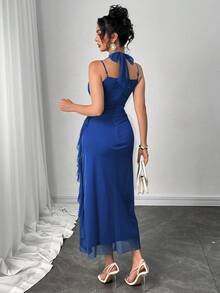 Modelyn 女士领结收腰荷叶边纯色吊带背心连衣裙 - 藍色 - 查看 2