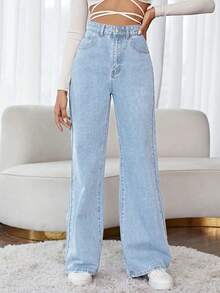 EMERY ROSE 大码女式休闲日常通勤花卉刺绣浅色水洗阔腿牛仔裤 - 淺色水洗藍 - 查看 3