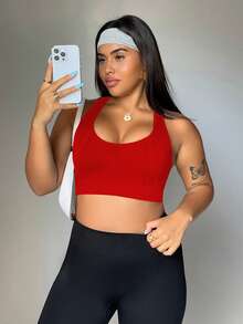 SHEIN Sports 无缝加大码女士露背镂空日常健身运动文胸 - 紅色 - 查看 4