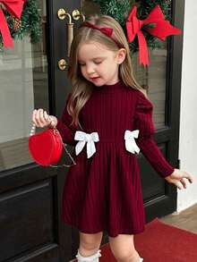 Robe pull à col roulé en tricot côtelé pour jeunes filles, manches gigot + nœud décoratif de couleur contrastée, robe minimaliste et convenant pour le printemps et l'automne - Rouge foncé - Voir 7