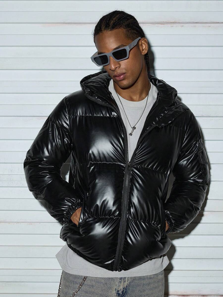 Modcrash Men's Zipper Open Top Hooded Winter Warm, Loose, Lightweight Winter Coat, For Fall - Black - View 1