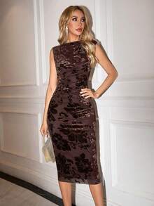 Ellevyn Women's Sleeveless Pleated Printed Mesh Knit Dress, Summer - Brown - View 12