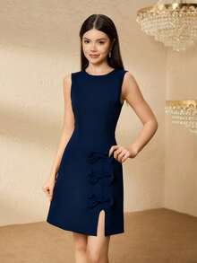 Elegant Minimalist Fashion Round Neck Sleeveless Waist Cinched Short Split Design Solid Color 3D Bow Decor Bodycon Dress, Burgundy, Suitable For Christmas Party, Teenage Girls Blue Dresses For Women Sleeveless Dress Dark Blue Dress Navy Blue Dress Bow Detail Dress - Navy Blue - View 6