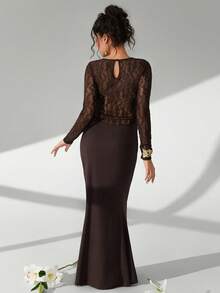 Cheriluna Maternity Solid Color Lace Long Sleeve Long Ruffle Mermaid Hem Maternity Photography Dress - Brown - View 2