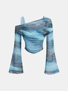 SHEIN Tween Girl Tie-Dye Asymmetric 2 In 1 Bell Sleeve Long Sleeve Cropped T-Shirt Tween Girls T Shirts Tween Girls Long Sleeve Blouse Long Sleeve Shirts Girls - Blue - View 2
