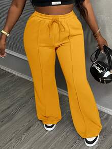 Slaydiva Women's Solid Color Pocket Drawstring Waist Casual Loose Sweatpants - Mustard Yellow - View 5