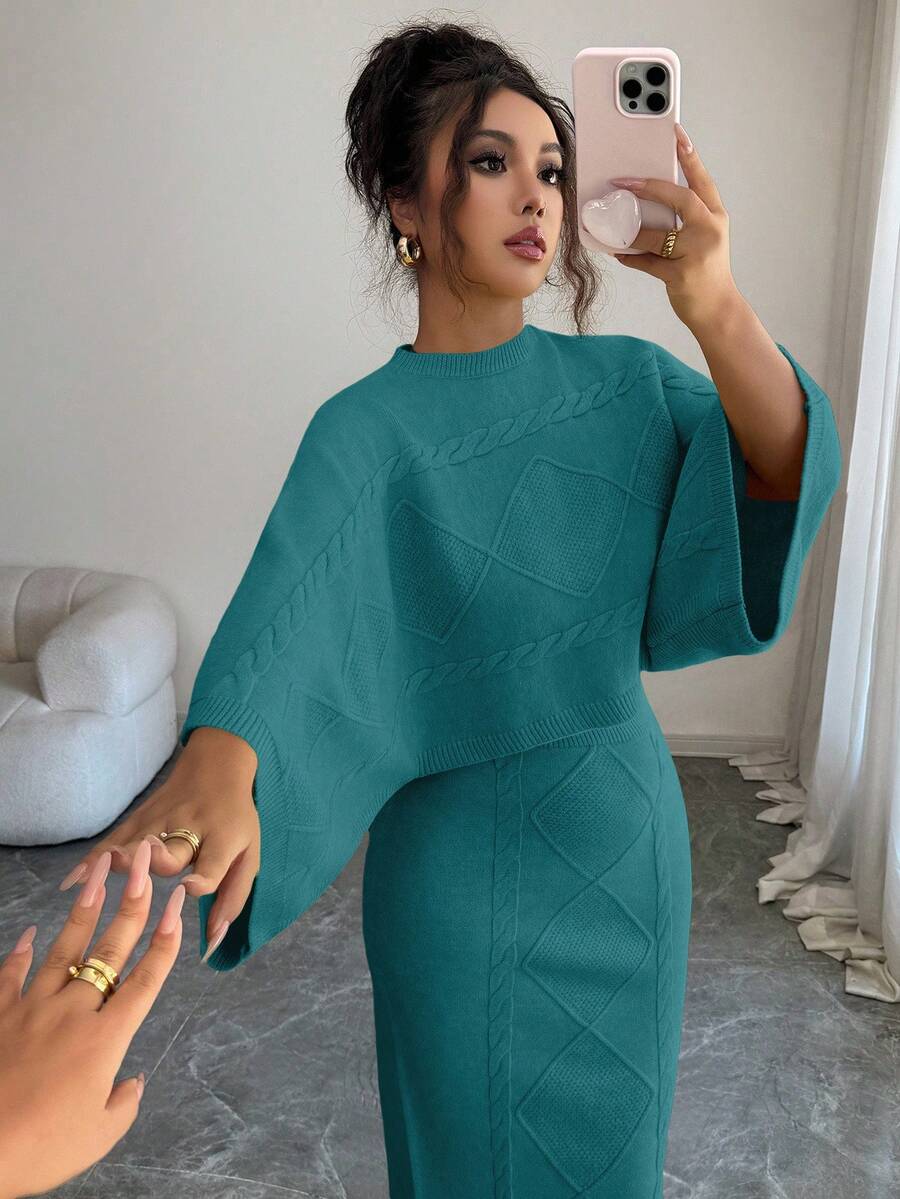 Elenzga Yellow Long Sleeve Top And Straight Skirt 2 Pieces Set, Elegant For Party And Commute, Autumn/Winter - Teal Blue - View 1