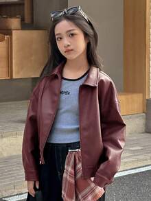 DAZY Tween Girl Solid Color Drop Shoulder Long Sleeve Zipper Front PU Leather Loose Casual Jacket Spring - Burgundy - View 3