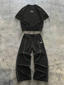 AXEPEAK Men's Geometric Print Round Neck Short Sleeve T-Shirt And Wide Leg Pants Casual Suit - Black - View 1