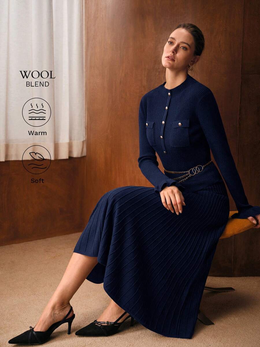 MOTF PREMIUM 2PCS WOOL BLEND FITTED TOP & A-LINE MIDI SKIRT SWEATER SET, AUTUMN/WINTER - Navy Blue - View 1