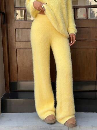 Muchica Pantalon tricoté jaune casual pour femmes, automne/hiver