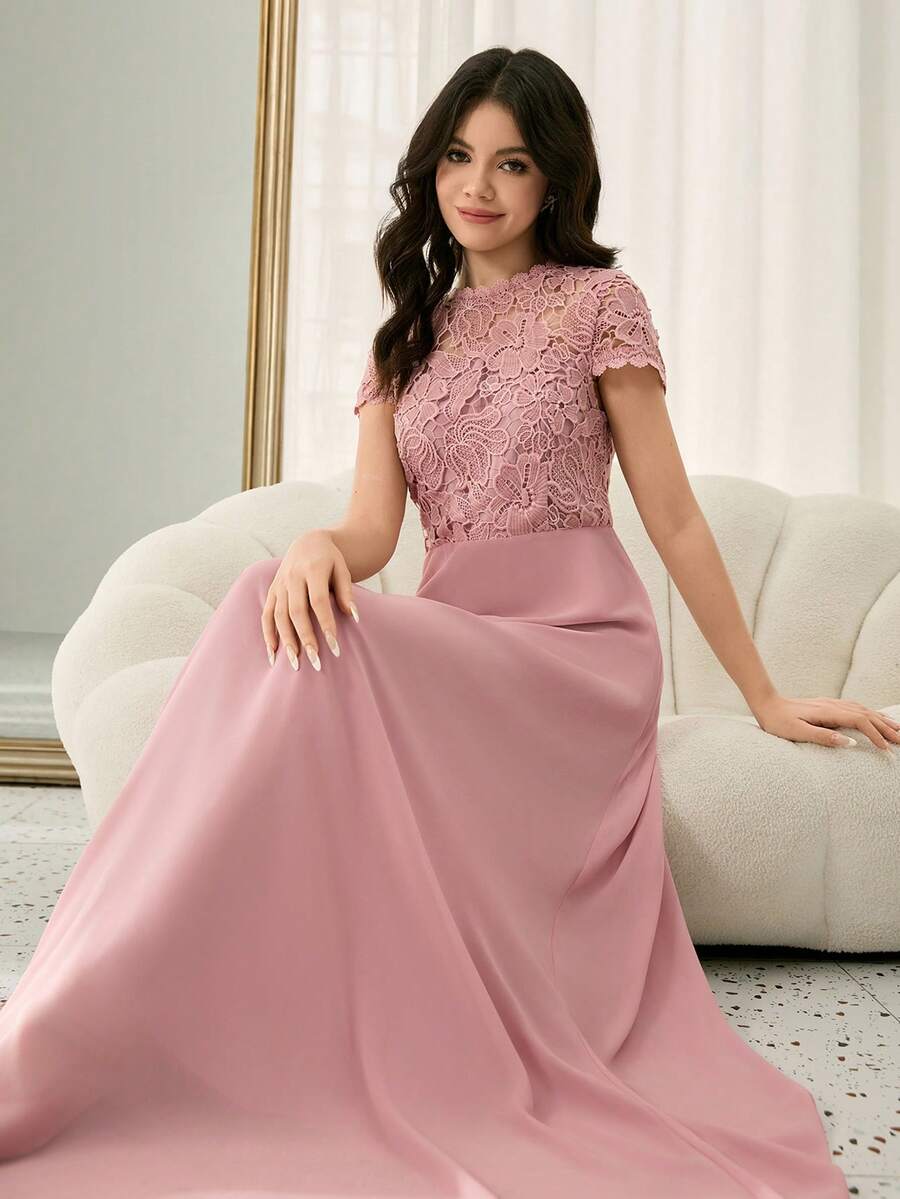 رمضان فستان شيفون مزخرف بالدانتيل الأنيق والمنسدل للمراهقات، مناسب للحفلات والأعراس والمناسبات الخاصة كعيد الميلاد والكريسماس - وردي - مشاهدة 1