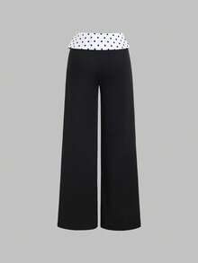 Flirla Damen Retro Sexy Chic Hoch Taillierte Weite Gerade Bein Polka Punkt Patchwork Braun Hose - Schwarz - Übersicht 2