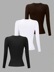 INAWLY 3pcs Women's Solid Color Fitted Long Sleeve Crew Neck T-Shirts - Multicolor - View 2