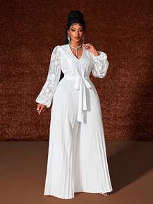 Maweii 大码深V领灯笼袖薄纱镂空花卉连体裤 - 白色 - 查看 2