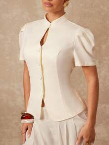 Lumalex Early Spring High Collar Puff Sleeve Hollow Metal Button Waist Fitted Women Blazer Luxury NewYearNewLook QuietLuxe Prom Gathering Party Banquet Modest Old Money Coquette Glitter Holiday Party Rave Festival Outing Vacation Hot Outdoor Richly Layered Wedding Season Banquet ID Al-Adha Al-Adha Party New Year Looks Of Party Party Dress For Autumn - Apricot - View 11