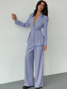 Aloruh Women's Simple Solid Color Lapel Collar Belted Blazer And Wide Leg Pants Suit Set, Suitable For Work And Commute, Spring/Autumn - Baby Blue - View 6