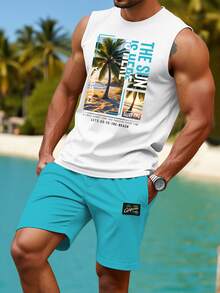 Manfinity RSRT Set di canotta aderente con stampa grafica e pantaloncini con taschino, misura standard uomo