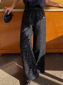 Livesso Shiny Sequin Black Straight Leg Casual Pants, Elegant For New Year, Christmas, Wedding, Party, Fashion Events Carnival - Black - View 6