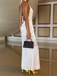 Livesso 香槟色缎面优雅露背系带长裙，时尚派对礼服，适合新年、圣诞节、婚礼、正式场合及鸡尾酒会穿着。 - 香檳色 - 查看 3