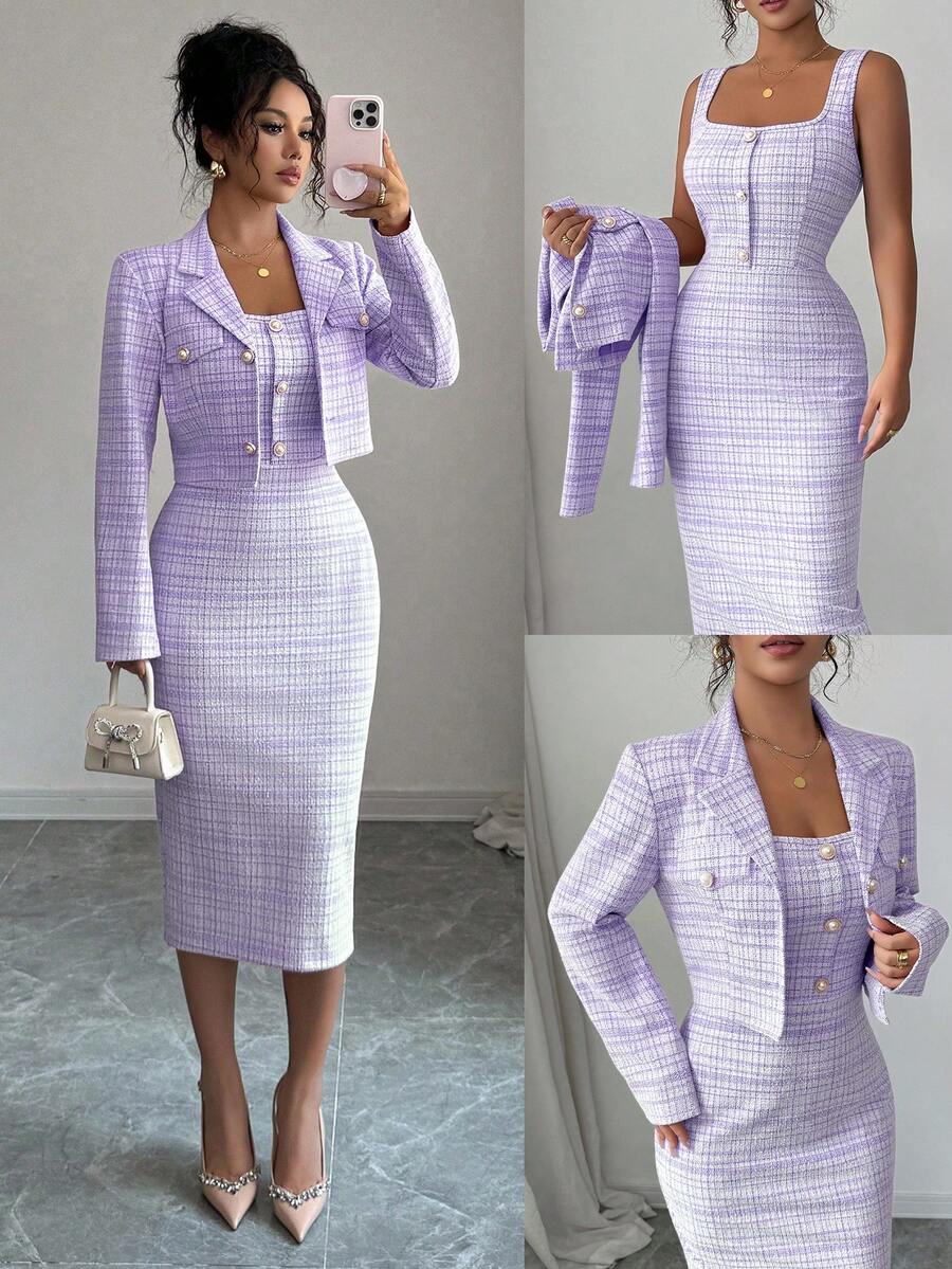 Elenzga Women's 2025 Spring/Autumn French Houndstooth Elegant Lady Suit Set: Cropped Tweed Blazer Jacket And Sleeveless Fitted Bodycon Dress - Mauve Purple - View 1