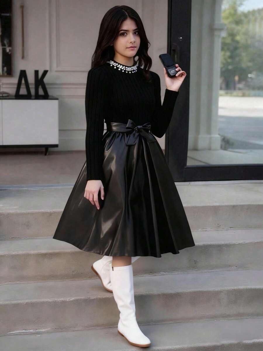 SHEIN 1件女童圓領長袖羅紋針織拼接花卉下擺洋裝,甜美優雅淑女風,秋季晚餐黑色 - 黑色 - 查看 1