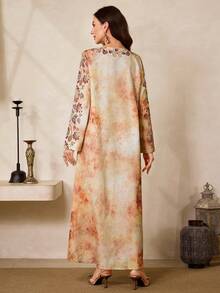 Al Najma Women's Spring/Autumn Vacation Style Floral Print Long Sleeve Loose Turkish/Arabic Traditional Long Dress Kaftan Jalabiya Dress - Yellow - View 5