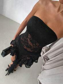 SHEIN Glamour Đầm dự tiệc ôm sát không tay ren gợi cảm xẻ tà cao màu trơn ôm sát kèm quần legging cho nữ - màu đen - Xem 4