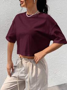 SHEIN EZwear Wine Red Solid Color Dropped Shoulder Casual Plus Size T-Shirt - Burgundy - View 10