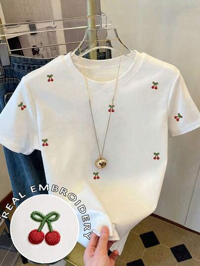 Resyla Camiseta ajustada de manga corta con cuello redondo y bordado de cerezas para mujer