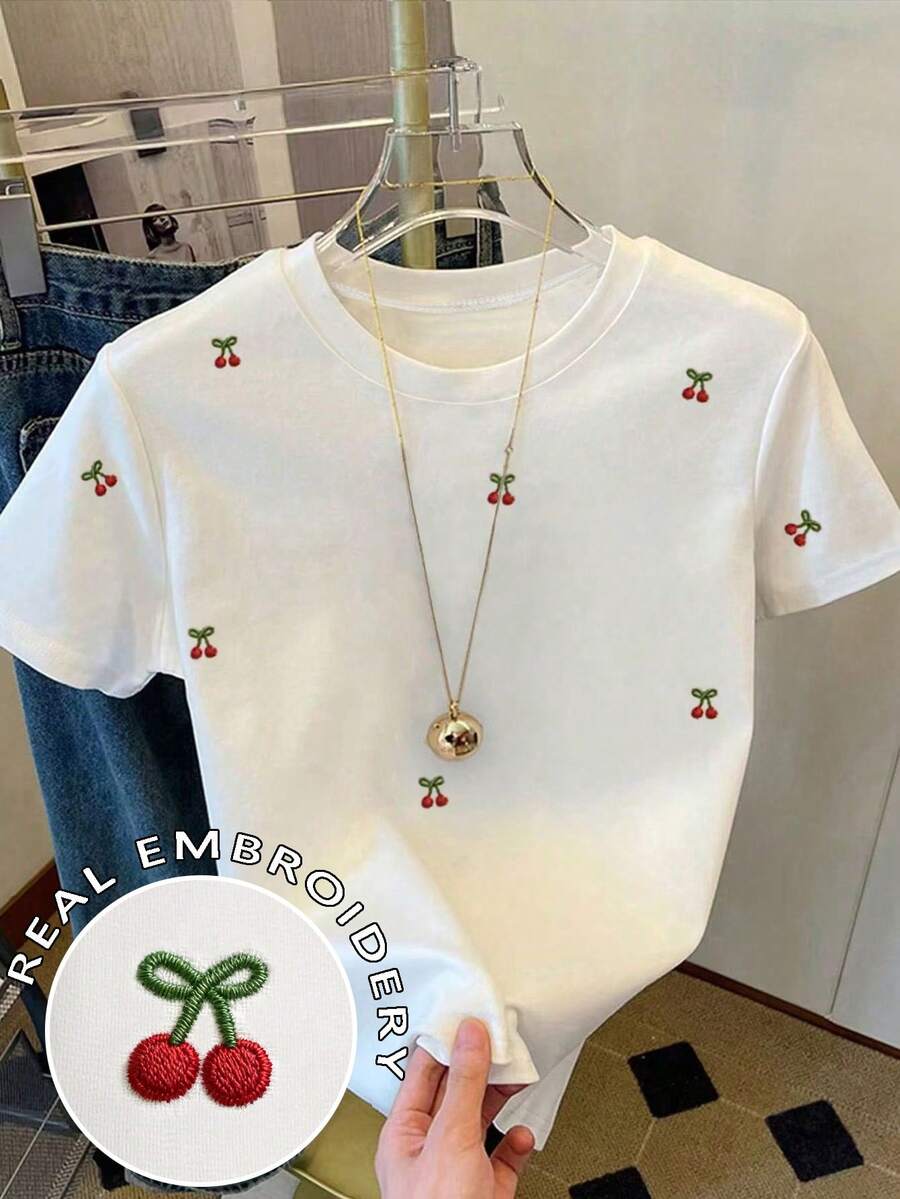 Resyla 女士刺绣樱桃圆领短袖修身T恤 - 白色 - 查看 1