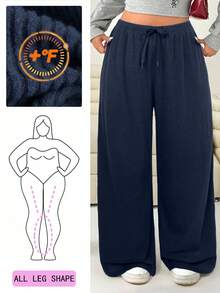 Solflare Quần dài lót nhiệt màu trơn cạp rút thường ngày cho nữ cỡ lớn, thu/đông - Màu xanh hải quân - Xem 1